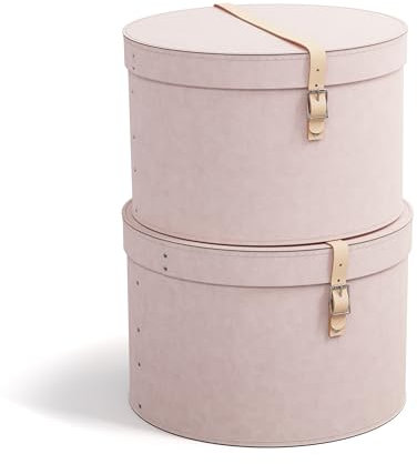 BIGSO RUT 2er-Set Aufbewahrungsbox mit Deckel – runde Ordnungsbox mit Lederriemen – große und kleine Hutschachtel aus 100% recycelter Faserplatte und Papier in Leinenoptik – rosa