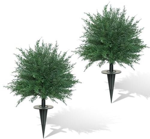 Alberi di Cedro Artificiale a Forma di Palline di Cedro, Confezione da 2 Pezzi, Resistenti ai Raggi UV, Realistici, Cespugli Finti con Picchetti, per Porta d'ingresso, Giardino, Portico e Decorazione
