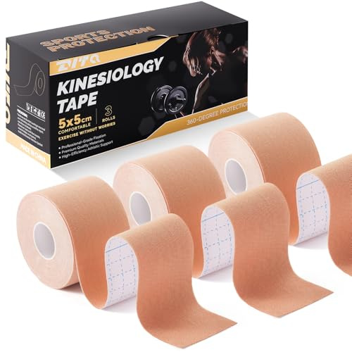 ZVTQ Kinesiologie-Tape (3 Rollen) – Acryl-Klebeband – wasserdicht, atmungsaktiv, hypoallergen – ideal für Muskelunterstützung & Erholung von Verletzungen – 5,1 cm x 4,6 m (Beige)