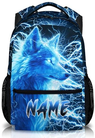 GiftRomance Personaliserter Jungenrucksack mit Wolf-Motiv – 17 Zoll Kinderrucksack mit Blitz-Design & Namensaufdruck – Ideal für Schule & Abenteuer