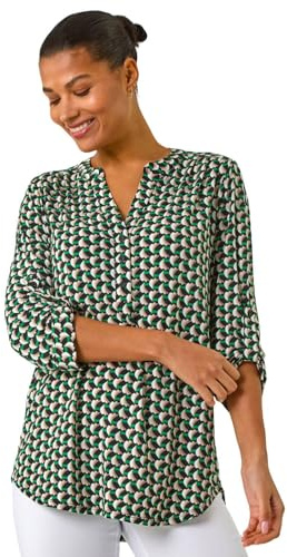 Roman Shirt for Women UK Ladies Top Collarless Blouse Stretchy Tunic Smart Casual Autumn Winter Jersey 3/4 Length Sleeve Notch V Neck Flattering Office Work - Abstract Green - Size 12