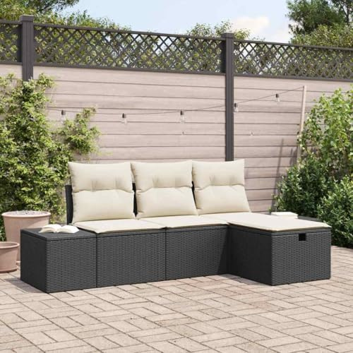 QJBSAVVA Gartensofa Set 4-TLG Schwarz Poly Rattan Modular Lounge Outdoor 55 x 62 x 69 cm Modernes Design Robustes wetterfestes Geflecht für Balkon Terrasse und Veranda