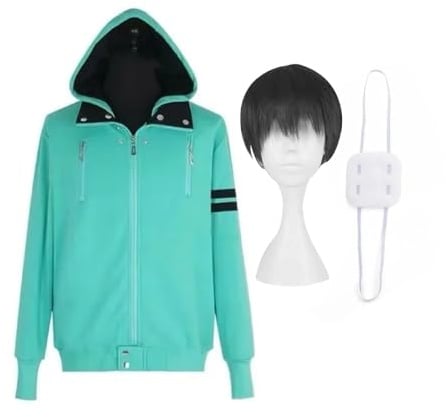 Kaneki Ken Cosplay Kostüm mit Perücke, Augenklappe, Anime Kaneki Ken Rollenspiel Hoodie Uniform Komplettes Set für Herren Halloween Weihnachten Outfit