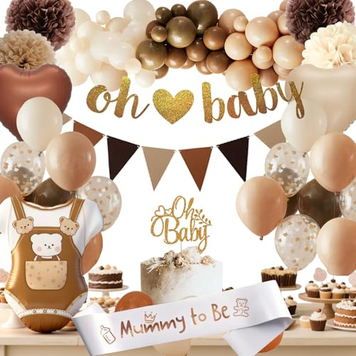 Babyparty Deko Junge, Baby Shower Deko Mädchen, Braun Nude Weiß Baby Party Dekoration Neutral, Oh Baby Girlande, Luftballons Girlande für Gender Reveal Boho Boy or Girl Ballon Deko