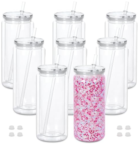 Cosictic 20 OZ Reusable Acrylic Snow Globe Tumbler with Pre Drilled Hole, Plastic Double Wall Snowglobe Tumbler with Clear Lid and Straw, （8 Pack）