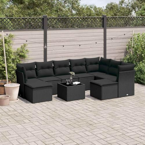 Holamys 10-TLG. Gartenmöbel-Set Schwarz Poly Rattan, Outdoor Wohnlandschaft mit dicken Kissen, wetterfeste Terrassenmöbel mit Hartglas Tisch für Balkon, Garten und Patio