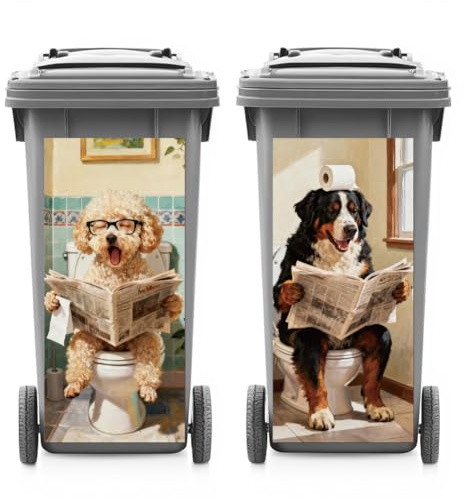 ANATTASOUL 2Pcs Toilet Dog Animal Wheelie Bin Stickers for Bins Decorative | Waterproof,Dustbin Cover,14.9x 32.2,Adhesive,Large,Funny Decal for Bins, Fridge, Wall, Garden Outdoor, Indoor Decoration