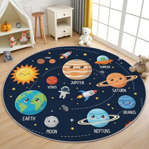 AevuCub Sonnensystem Kinder Teppich Rund 160 Kurzflor - Waschbare Teppiche Wohnzimmer Cartoon Planeten Weltraum - Runder Teppich 160 Durchmesser Kinderzimmer - Schlafzimmer rutschfest Weich