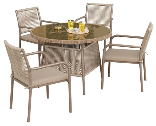 DRIXNO Gartenmöbel Set 4 Stühle mit Tisch, Runder Glastisch, Balkonset 4 Armlehnstühle, Lounge Möbel Outdoor, Eisengestell, Terassenmöbel Sitzgruppe Loungemöbel für Garten, Außen, Drinnen, Braun