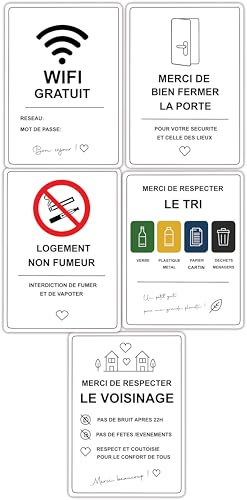 Kit 5 Panneaux Signalétique Airbnb Location Saisonnière 15x20cm Blanc | WiFi, Non Fumeur, Tri Sélectif, Voisinage, Fermeture Porte, Sticker ou PVC Rigide, 15x20 cm