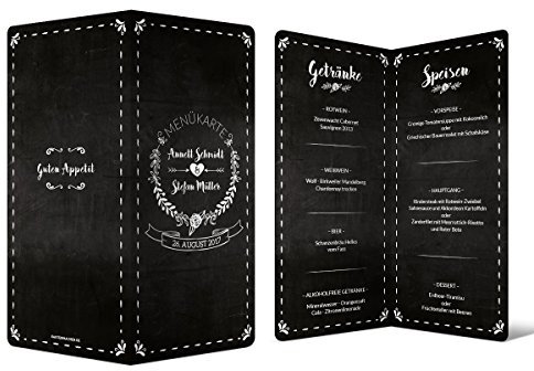 Menükarten Hochzeit (100 Stück) - Schiefer Tafel Kreide Look - Speisekarte Getränkekarte Menü