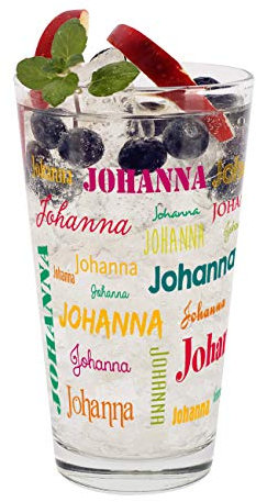 Herz & Heim® Trinkglas mit Namen in verschiedenen Schriftarten und Farben (Bunt)