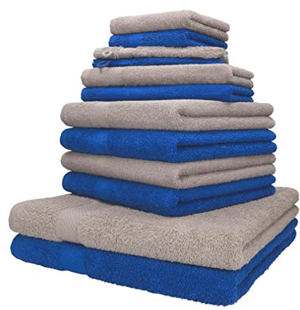 Betz 12-TLG. Handtuch-Set Palermo 100% Baumwolle 2 Liegetücher 4 Handtücher 2 Gästetücher 2 Seiftücher 2 Waschhandschuhe Farbe blau und Stone