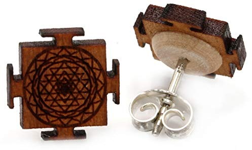 Miriquidi Sri Yantra Holz Ohrstecker Silber 925 Sterling 11mm Paar - Kirsch