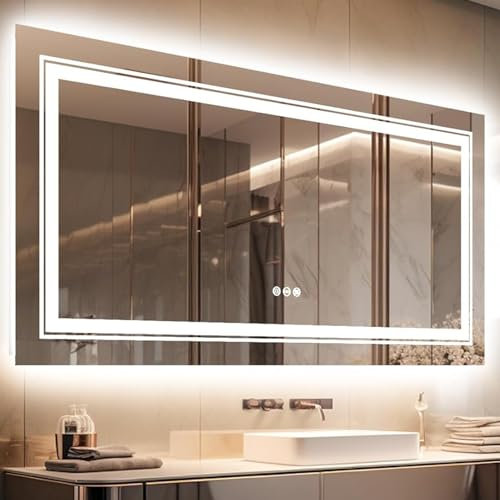 LUVODI Miroir Rectangulaire Salle de Bain LED: 105x50cm Miroir connecté avec Prise Interrupteur Tactile Gradable Miroir Mural 3 Couleurs Anti-Buée Mémoire IP65 Éclairage intégré + Rétroéclairage