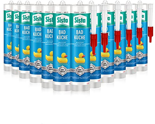 SISTA BAD KÜCHE grau, Dichtstoff, schimmelresistent ausgestattetes, langlebiges Silikon für Küche und Bad, wasserdichter Fugenfüller, 12x280ml Kartusche