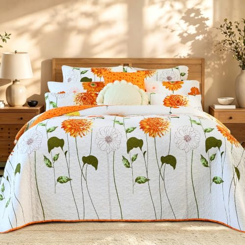 Reversible Stitched Quilt Queen Orange Dahlia Bedspread Set Soft Cotton Bed Cover Lightweight Coverlet Double Patterns White Quilted Bedding Set All Seasons 1 Quilt with 2 Pillow Sham(Sunflower,Queen)
