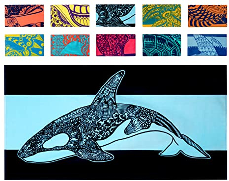 Nova Blue Orca (34 x 63) - Marineblau & Blau Farbgebung mit tropischem Wal Design Reise Strandtuch aus 100% Baumwolle - Lebendiges buntes Deckenhandtuch - Extra groß