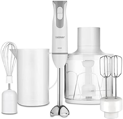 Zelmer ZHB4553S Handmixer, 800 W, Turbo-Funktion, 2 Messer, 0,8 L Messmesser, Stiefel, 450 ml, Mixer, weiß-grau.