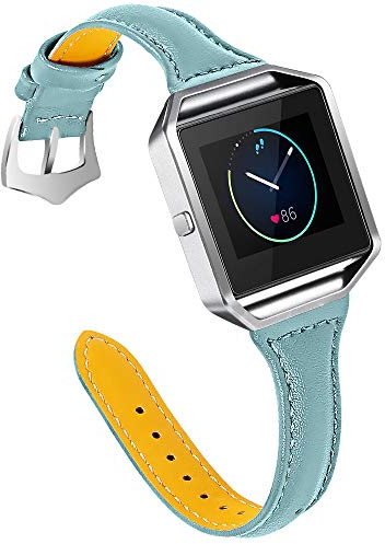 Leder-Uhrenarmband kompatibel mit Fitbit Blaze, für Damen und Mädchen, Ersatz-Armband mit Metallrahmen, schlankes Sport-Armband, verstellbar, 14 - 20 cm, kompatibel mit Fitbit Blaze – Blau