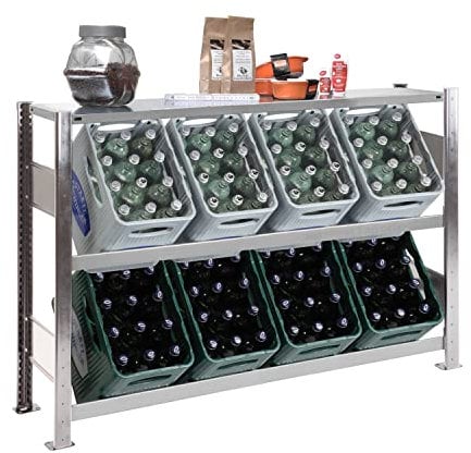 Getränkekistenregal für 8 Kästen, 100 x 136 x 33,6 cm, verzinkt, 2 Ebenen + 1 Boden, 150 kg Tragkraft pro Ebene/Boden, Industriequalität Made in Germany, Kastenständer, Flaschenkastenregal