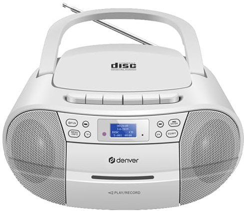 Tragbares Stereo Boombox Denver TDC-280WHITE mit DAB+/UKW-Radio Kassettenspieler CD-Player AUX-Eingang Volumen: 2 x 15 W