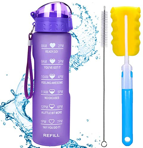 XACIOA Flacon d'eau 1L 32oz avec paille et marqueur de temps d'excitation, bouteille de sport de boisson en plastique tritan étanche, camping, randonnée sans Bpa
