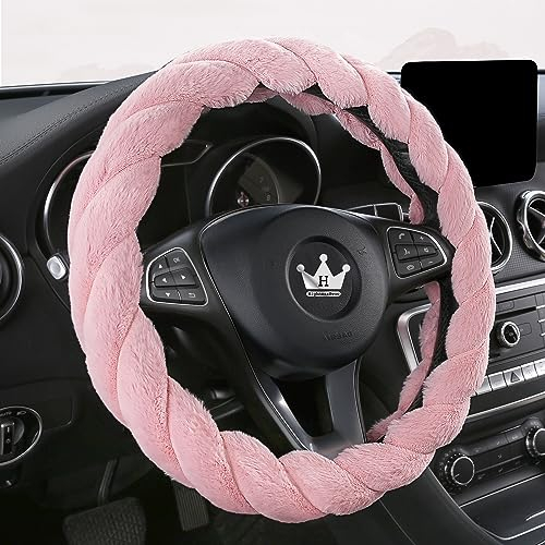 HighnessHwoo Luxury Fluffy Winter Car Steering Wheel Cover for Women Soft Warm Cute Auto Accessories for Jeep, Truck, Van, F150, Universal, Fuzzy, Anti Slip, Pink, Large Size(39-41cm)