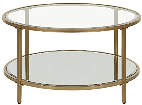 Beliani Moderner, runder Couchtisch Hartglas ø 70 cm Eisengestell in Gold Birney