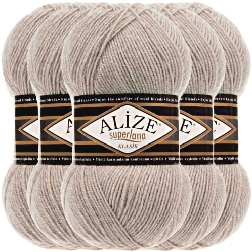 Hobby YARN Alize Superlana Klasik 5 x 100 g Türkische Premium Wolle Baumwolle und Acryl Uni Handstrickgarne Yarn Garn Strickgarn Baby zum Stricken Strickgarn (Beige Melange | 152)