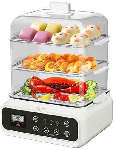 SONLED Vaporiera per Alimenti capacità 14,6 Litri, Vaporiera elettrica a 3 Livelli, Appuntamento 24 Ore su 24, Fornello da 1500 W per Riso/Verdure/Carne/Pesce, Cucina pasti sani per Tutta la Famiglia