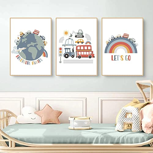CULASIGN 3er Set Poster für Kinderzimmer, DIN A4 Bilder für Jungen & Mädchen, Autos Straßen Wandbilder Fahrzeuge Kinderposter für Schlafzimmer Babyzimmer Wandeko, Ohne Rahmen (ABC,40x50cm)