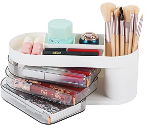 OSteed White Desk Organiser, Pencil Organiser for Desk, Desktop Art Craft Storage Drawers, Makeup Drawer Organiser, Office Desk Accessories & Storage Box (Oval, 3 Drawers)