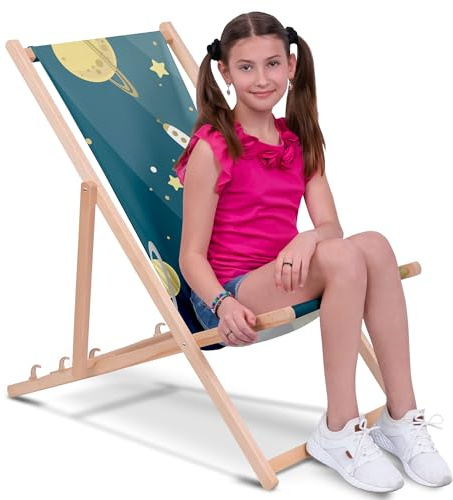 DreamRoots Kinder Liegestuhl Holz Gr. M, Galaxy | Klappbarer Campingstuhl faltbar, für Garten & Strand, bis 130 kg, waschbarer Bezug, 100% Polyester, UV-beständig, Kinderliege