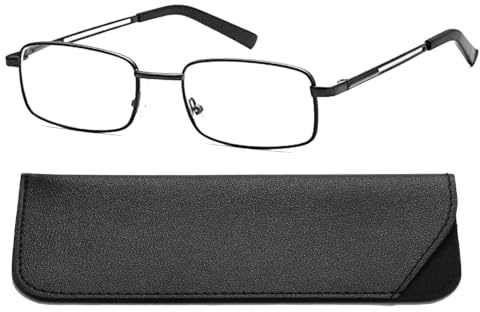 Hubeye Lesebrille Herren Rechteck Metallrahmen Edelstahl Material Federscharniere Anti-blaues licht Computer Lesebrille mit Brillenholster 3.00