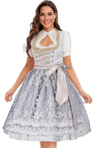 Dirndl da Donna Elegante Viola, Costume Midi con Camicetta e Grembiule, Dirndl Oktoberfest a Collo Alto, Abito Tradizionale Pizzo, Set di Costumi Bavarese Tedesco Carnevale Baviera Birra Festa (34)
