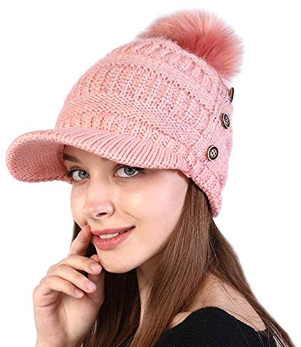Kangqifen Damen Warmes Futter Schirmmütze Wintermütz Strickmütze mit Bommel Visier 3 Knöpfe Rosa