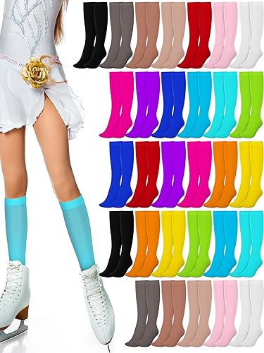 Liitrsh 30 Paar Eiskunstlauf-Socken, hohe Strumpfhosen für einfarbige Rollschuh-Socken, Tanzsocken, leicht, blickdicht, Fußsocken für Damen und Mädchen, 15 Farben, helle Farbe, 16.54 inches
