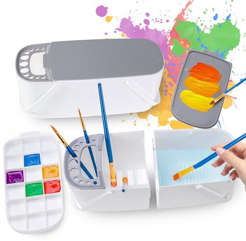 Thatbass Paint Brush Cleaner - Paint Brush Holder with Palette and Handle, Paint Brush Rinser for Acrylic, Watercolor, and Water-Based Paints (White+Grey)