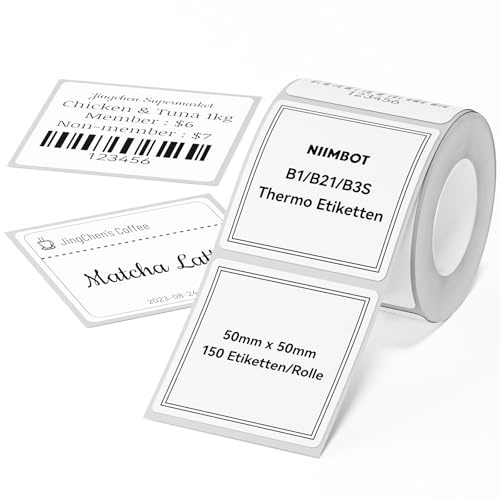 NIIMBOT Thermo Etiketten Selbstklebend, B1/B21/B3S Etikettenband Papier für Schule, Zuhause, Büro, Kleine Unternehmen (Weiß-Quadrat-50 x 50mm)