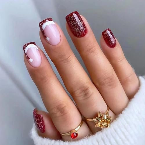 24 Stück Weihnachten Nägel zum Aufkleben Kurz, Eckig Künstliche Nägel Rot French Press on Nails mit Weihnachten Smütze, Acryl Full Cover Falsche Nägel Fingernägel Fake Nails für Frauen