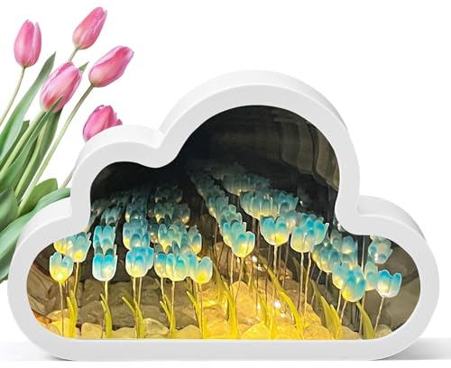Tulpen Lampe,DIY Tulpen Nachtlicht Solke Tulpe Lampe,2 IN 1 Wolken Spiegel mit Tulpen Licht und 20 Tulpen,LED Tulpen Wolke für Schlafzimmer,Wohnzimmer,Desktop,Heimdekoration (Blau)