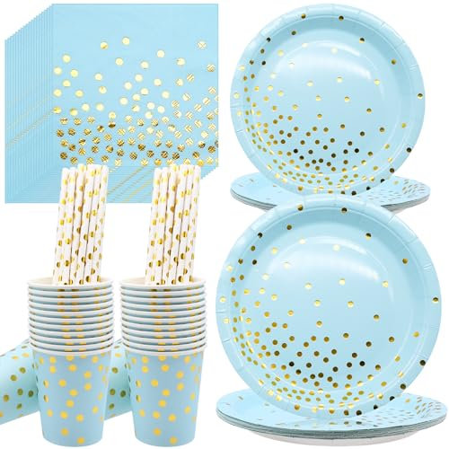 Fahibin 80pcs Blue and Gold Dot Paper Party Tableware,Disposable Party Plates Tableware Napkins Cups Straws for Birthday Parties, Baby Showers, Picnic(20 Guests)