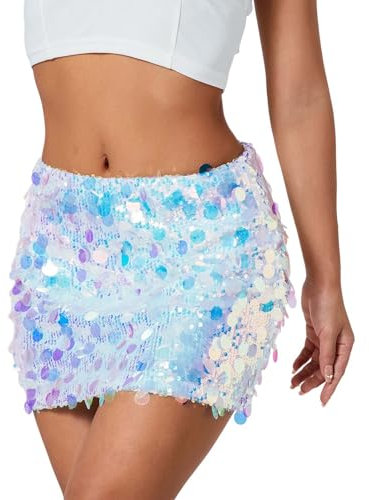 FNKDOR Pailletten Rock Damen Glitzer Rock Kurz Low Taille Karneval Minirock (Rose Gold, M)