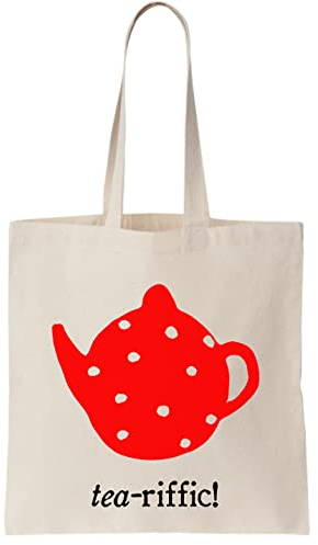 Functon+ Tea-riffic Red Tea Pot Design Canvas Tote Bag/Tea-riffic Red Teapot Canvas Tote Bag, beige