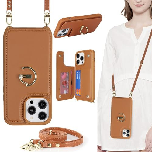 ELTEKER for iPhone 13 Pro Max Phone Case with Card Holder and Strap,PU Leather Wallet Case Flip Cover with Crossbody Lanyard Strap for iPhone 13 Pro Max (6.7 Inch) - Brown