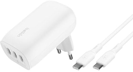 Belkin BoostCharge USB-C-Ladegerät mit DREI Anschlüssen und PPS (67 W), USB-C PD 3.1-fähiges iPhone-Schnellladegerät für die iPhone 16-Serie, 15-Serie, MacBook Pro, AirPods, Galaxy, USB-C/USB-C-Kabel