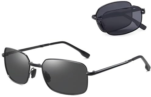 Panlouting Faltbare Photochrome Sonnenbrille mit Polarisierten Gläsern, Metallrahmen und Federbügel, Anti-UV, Antireflexion, fürs Autofahren Angeln Reisen Sport (Schwarze Gläser, Schwarzer Rahmen)