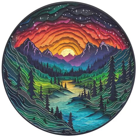 Magic Forest Puzzles for Adults 1000 Pieces, Colorful Rainbow Gradient Round Puzzle Paper Cut Art Puzzle, Unique Mountain River Sunset Landscape Puzzle, Hard Challenge Jigsaw Puzzle