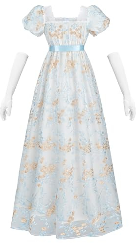 Fiamll Damen Empire Taille Kleid Regency Ballkleid Kleider für Frauen Cottagecore Renaissance Kostüm mit Handschuhen